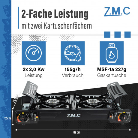 ZMC ZMC Gaskocher PREMIUM Campingkocher 2 flammig Herd, (Brenndauer 1,5 bis 5 Stunden (abhangig von der Gasregulierung), Outdoor Camping Gas Kocher Kochfeld Gasherd Doppel Kartuschenkocher Газовая плита ZMC Походная плита ПРЕМИУМ с 2 пламенем (время горе