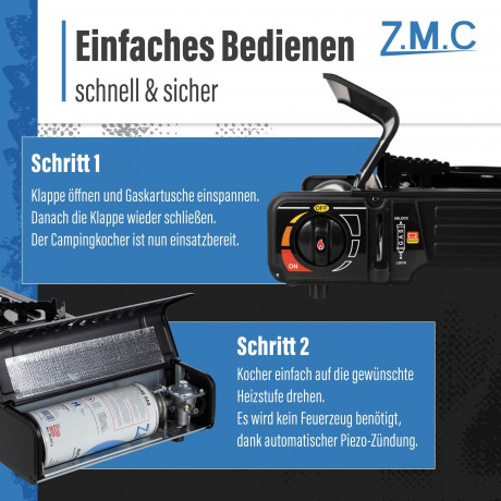 ZMC ZMC Gaskocher PREMIUM Campingkocher 2 flammig Herd, (Brenndauer 1,5 bis 5 Stunden (abhangig von der Gasregulierung), Outdoor Camping Gas Kocher Kochfeld Gasherd Doppel Kartuschenkocher Газовая плита ZMC Походная плита ПРЕМИУМ с 2 пламенем (время горе