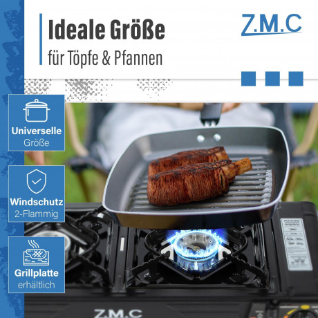 ZMC ZMC Gaskocher PREMIUM Campingkocher 2 flammig Herd, (Brenndauer 1,5 bis 5 Stunden (abhangig von der Gasregulierung), Outdoor Camping Gas Kocher Kochfeld Gasherd Doppel Kartuschenkocher Газовая плита ZMC Походная плита ПРЕМИУМ с 2 пламенем (время горе