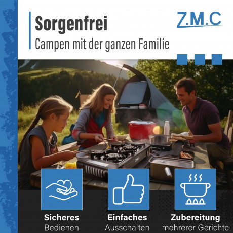 ZMC ZMC Gaskocher PREMIUM Campingkocher 2 flammig Herd, (Brenndauer 1,5 bis 5 Stunden (abhangig von der Gasregulierung), Outdoor Camping Gas Kocher Kochfeld Gasherd Doppel Kartuschenkocher Газовая плита ZMC Походная плита ПРЕМИУМ с 2 пламенем (время горе