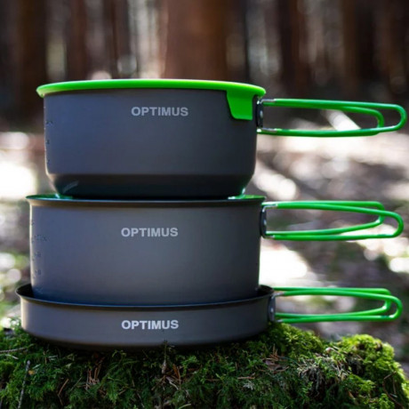 OPTIMUS OPTIMUS Topf-Set Camping Kochset Terra Camp 4 Geschirr, Kuche Topf Pfanne Alu 1,16 kg grun / schwarz Набор кастрюль OPTIMUS, походный набор для приготовления пищи Terra Camp, 4 блюда, кухонная кастрюля, алюминий, 1,16 кг