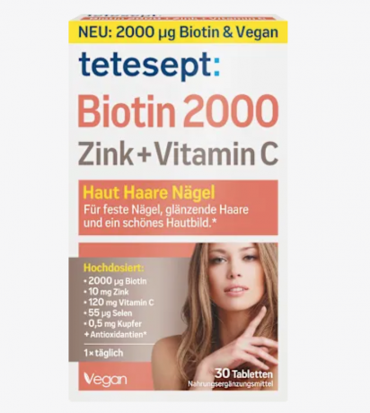 tetesept Biotin 2000 Tabletten 30 St, Комплекс с биотином, цинком и витамином С для здоровья кожи, волос и ногтей, 30шт