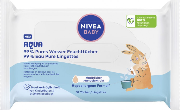 NIVEA BABY Aqua Feuchttucher, 57 Stuck, Нивеа Детский влажные салфетки миндальное масло 57 шт