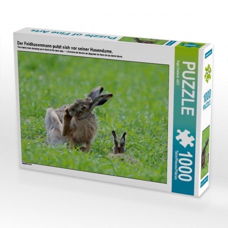 CALVENDO Puzzle CALVENDO Puzzle Der Feldhasenmann putzt sich vor seiner Hasendame. Пазл CALVENDO Puzzle Мужчина-заяц моется на глазах у своей дамы-зайчихи.