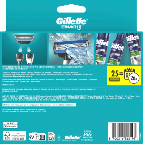 GILLETTE Rasierklingen, Mach3, 25 St, Джилетт Сменные кассеты Mach3 для мужской бритвы, 25 шт.