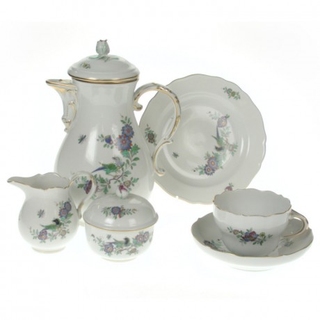 Meissen Meissen Neuer Ausschnitt - Indische Fels- Blumen- und Vogelmalerei 125 bunt mit Goldrand Kaffeeservice 6 Personen 21-tlg. Мейсен новый раздел - Индийская роспись скал, цветов и птиц 125 красок с золотым ободком Кофейный сервиз на 6 персон 21 шт.