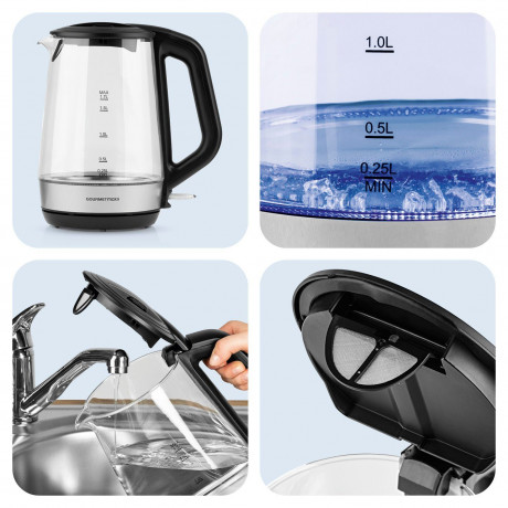 GOURMETmaxx GOURMETmaxx Wasserkocher Glas-Wasserkocher 1,7l Edelstahl/schwarz, 1.7 l, 2200,00 W Чайник GOURMETmaxx стеклянный чайник 1,7л нержавеющая сталь/черный, 1,7 л, 2200,00 Вт