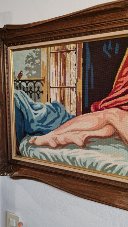 Картина винтажная "Обнаженная дама", вышивка, в раме, 128 х 68 см, Германия, 1960-70гг.