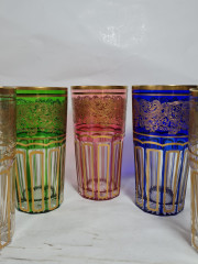 Стаканы винтажные Albena Morokko из цветного стекла с золотистым декором, 5 шт.х 13,5 см и 1 шт.х 10 см, Германия, 1960-70гг.