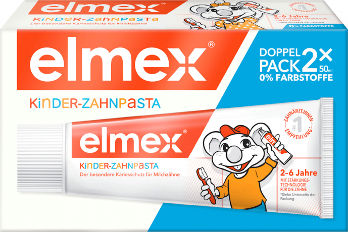 elmex Zahnpasta Kinder Doppelpack (2x50 ml), 100 ml, Детская зубная паста Kinder с фторидом для защиты от кариеса, 2–6 лет, 2 × 50 мл