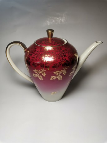 Чайный набор винтажный Johann Seltmann Bavaria Vohenstrauss, красный с обильной позолотой, 3 предмета, фарфор, 1950-60гг.