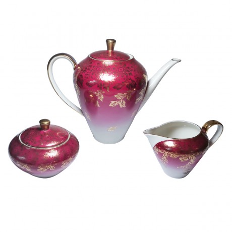 Чайный набор винтажный Johann Seltmann Bavaria Vohenstrauss, красный с обильной позолотой, 3 предмета, фарфор, 1950-60гг.