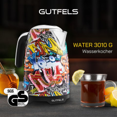 Gutfels Gutfels Wasserkocher WATER 3010 G, 2200 W, Graffiti-Style, 1,7 Liter, 2200 Watt, 360 Grad Sockel  Чайник Gutfels WATER 3010 G, 2200 Вт, стиль граффити, 1,7 литра, 2200 Вт, основание 360 градусов