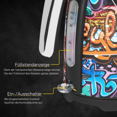 Gutfels Gutfels Wasserkocher WATER 3010 G, 2200 W, Graffiti-Style, 1,7 Liter, 2200 Watt, 360 Grad Sockel  Чайник Gutfels WATER 3010 G, 2200 Вт, стиль граффити, 1,7 литра, 2200 Вт, основание 360 градусов