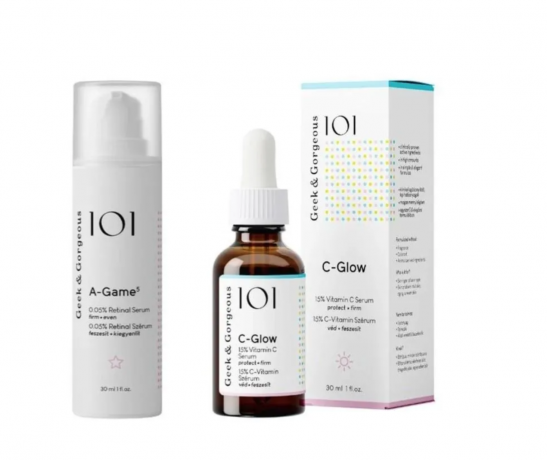 Geek & Gorgeous SET C-Glow Serum + A-Game 5, Набор: сыворотка для лица C-Glow 15% витамин C 30мл + A-Game 5 0,05% ретиналь 30мл, осветление и антивозрастной уход, Венгрия
