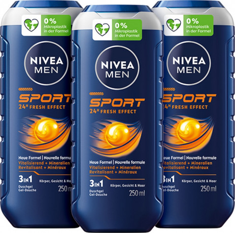 NIVEA MEN Duschgel Sport, 750 ml (3x250 ml), Нивеа Мужской гель для душа и волос, минералы, после спорта, набор, 750 мл