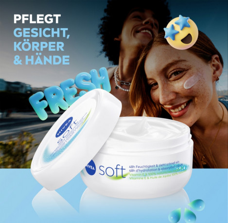 NIVEA Soft Creme, 50 ml, Нивеа Освежающий увлажняющий крем, масло жожоба и витамин E, для лица тела и рук, 50 мл