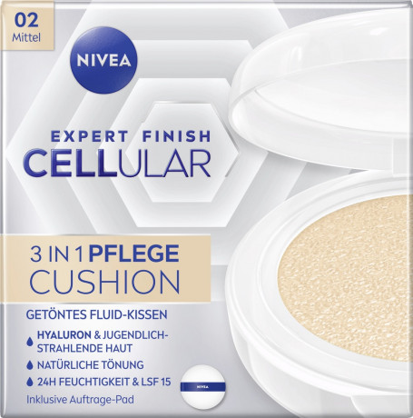 NIVEA Expert Finish Cellular 3in1 Pflege Cushion 02 Mittel, 15 g, Нивеа кушон SPF 15 гиалуроновая кислота, витамин E, креатин 15 г