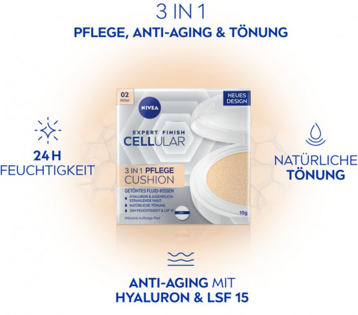 NIVEA Expert Finish Cellular 3in1 Pflege Cushion 02 Mittel, 15 g, Нивеа кушон SPF 15 гиалуроновая кислота, витамин E, креатин 15 г