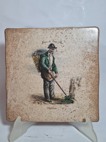 Керамическая винтажная картина "Окрестности Парижа. Тряпичник", 20 x 20 см, Италия, 1960-1970гг.