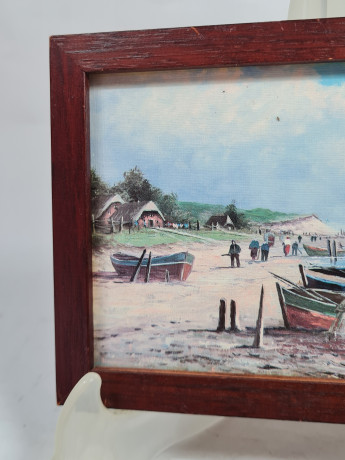 Картина винтажная Im Stil C.Stenton "Пляж Сент-адрес Клода Моне", деревянная рама, 17 х 12 см, Германия, 1960-70гг.