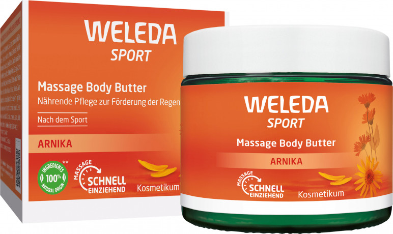 WELEDA Sport Massage Body Butter Arnika, 150 ml, Массажное крем-масло Sport с арникой, ши и какао для ухода после спорта, 150 мл