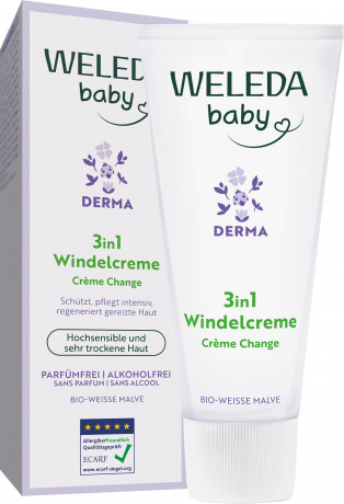 WELEDA Derma 3in1 Windelcreme Weisse Malve, 50 ml, Детский крем под подгузник Derma 3 в 1 с белой мальвой без отдушки и спирта, с рождения, 50 мл