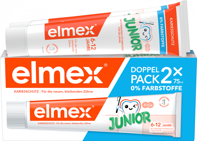 elmex Zahnpasta Kinder Junior 6-12 Jahren (2x75ml), 150 ml, Детская зубная паста Junior для укрепления эмали, 6–12 лет, 2 × 75 мл
