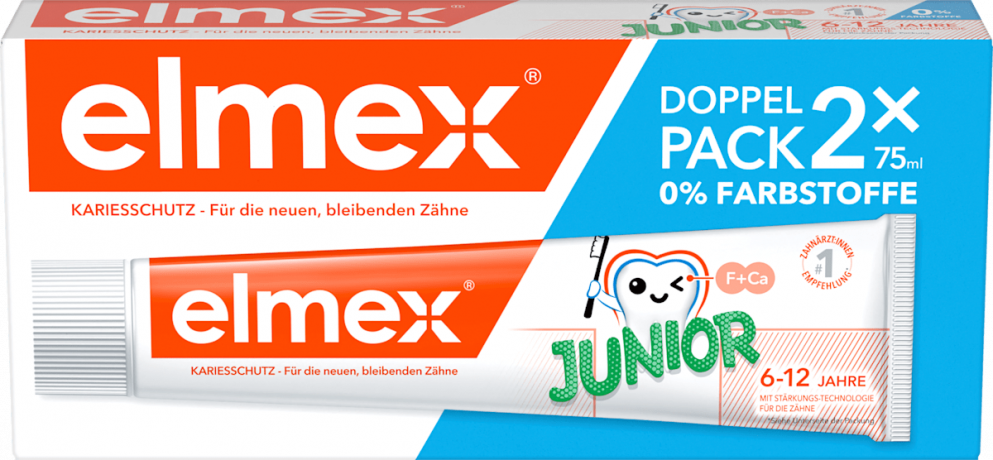 elmex Zahnpasta Kinder Junior 6-12 Jahren (2x75ml), 150 ml, Детская зубная паста Junior для укрепления эмали, 6–12 лет, 2 × 75 мл