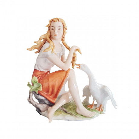 Kaiser AK Винтажная фарфоровая статуэтка "Девушка с лебедем", ручная роспись, 16,5см x 16см, Германия, 1960-70гг.