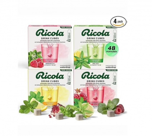 Ricola Waterdrop 12st x 4packs, растворимые кубики для напитков, с натуральными альпийскими травами и витаминами, без сахара, 12 шт x 4 упаковки 