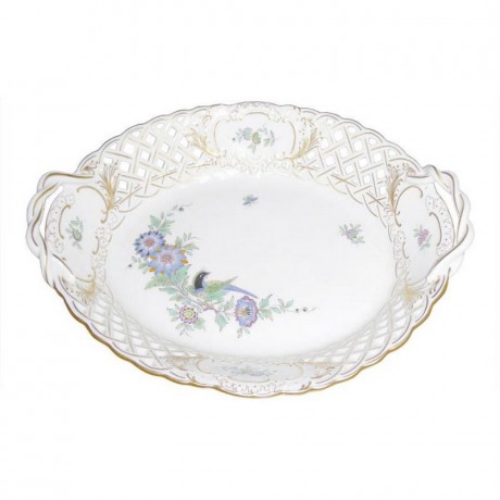 Meissen Meissen  'Neuer Ausschnitt - Indische Fels- Blumen- und Vogelmalerei 125 bunt mit Goldrand' Korb mit Durchbruch 27 cm Мейсен "Новая секция - индийские скалы, цветы и птицы, роспись 125 разноцветных с золотым ободком" корзина с прорывом 27 см