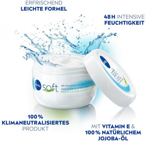 NIVEA Soft Creme, 375 ml, Нивеа Освежающий увлажняющий крем, масло жожоба и витамин E, для лица тела и рук, 375 мл
