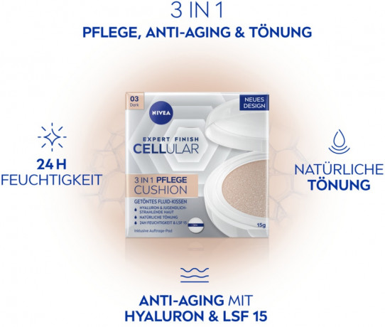 NIVEA Expert Finish Cellular 3in1 Pflege Cushion 03 Dunkel, 15 g, Нивеа кушон SPF 15 гиалуроновая кислота, витамин E, креатин 15 г