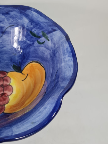 Фруктовница винтажная большая Pintado A Mano Spain, синяя с фруктовым декором, 28 x 18 см, Испания, 1970-80гг.