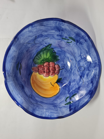 Фруктовница винтажная большая Pintado A Mano Spain, синяя с фруктовым декором, 28 x 18 см, Испания, 1970-80гг.