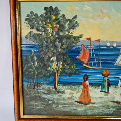 Картина винтажная &quot;Девушки, наблюдающие за парусниками&quot;, масло, деревянная рама, 41,5 x 32 см, Германия, 1960-70гг.