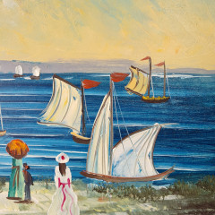 Картина винтажная &quot;Девушки, наблюдающие за парусниками&quot;, масло, деревянная рама, 41,5 x 32 см, Германия, 1960-70гг.