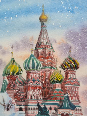 Картина винтажная Москва / Санкт-Петербург, худ. Лакустин, акварель, 21 х 26 см, Германия, 2009 г.