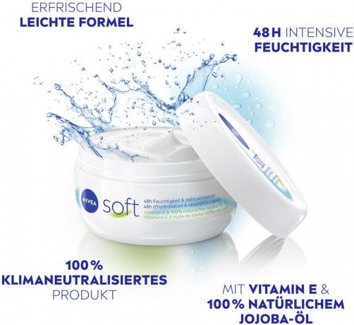 NIVEA Soft Creme, 200 ml, Нивеа Освежающий увлажняющий крем, масло жожоба и витамин E, для лица тела и рук, 200 мл