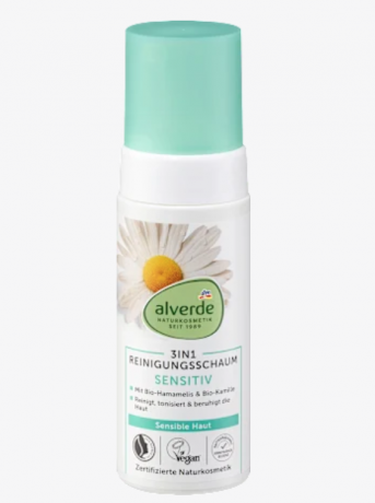 alverde NATURKOSMETIK Reinigungsschaum 3in1 Sensitiv Hamamelis & Kamille, Очищающая пенка 3-в-1 для чувствительной кожи с гамамелисом и ромашкой, 150 мл