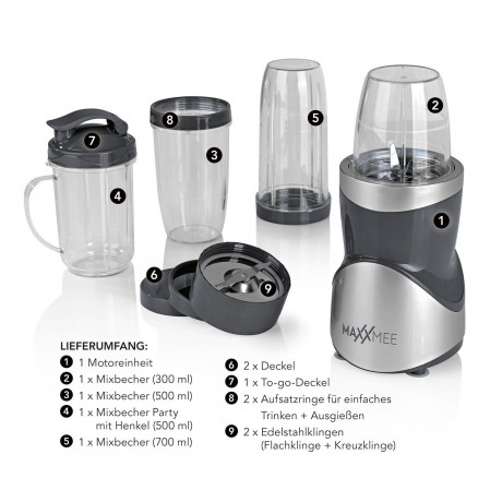 MAXXMEE MAXXMEE Smoothie-Maker Multifunktionaler Mixer 12-tlg Set Edelstahlklingen inkl. To-Go Deckel, 380,00 W, mit 8 Funktionen, mit verschiedenen Mixbechergrossen  Многофункциональный блендер MAXXMEE Smoothie Maker, набор из 12 лезвий из нержавеющей ст