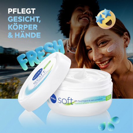 NIVEA Soft Creme, 100 ml, Нивеа Освежающий увлажняющий крем, масло жожоба и витамин E, для лица тела и рук, 100 мл