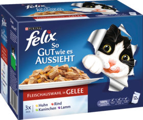 Felix Влажный корм Для кошек, So gut wie es aussieht Fleisch с Курицей, Говядиной, Lamm и Кролик в желе, Multipack 12x100g, 1,2 кг