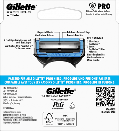 GILLETTE Rasierklingen, ProShield Chill, 6 St, Джилетт Сменные кассеты ProShield Chill с охлаждающим эффектом, 6 шт.