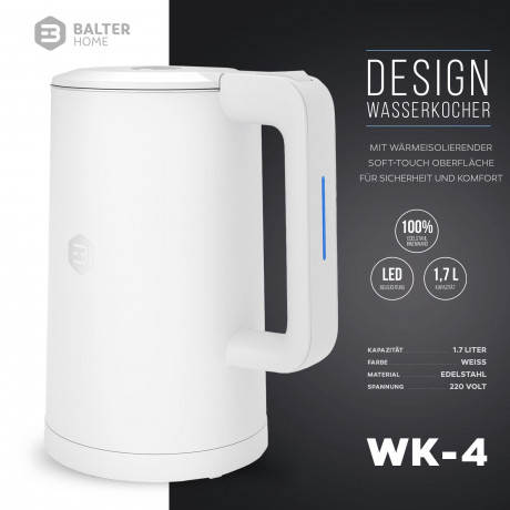 Balter Balter Wasserkocher WK-4, Edelstahl, 1,7 Liter, Doppelwand Design, BPA frei, LED, weiss Чайник Balter WK-4, нержавеющая сталь, 1,7 литра, конструкция с двойными стенками, без BPA, светодиод, белый
