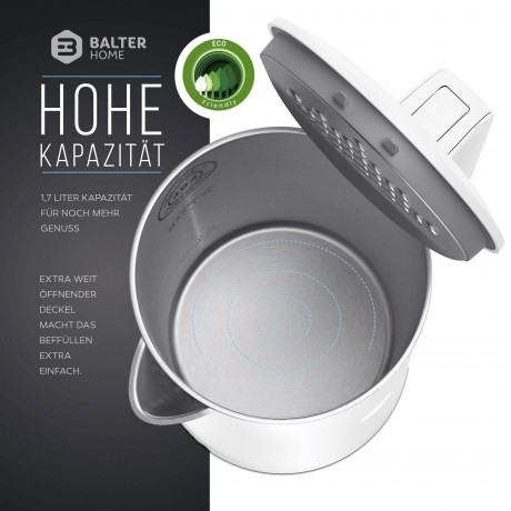 Balter Balter Wasserkocher WK-4, Edelstahl, 1,7 Liter, Doppelwand Design, BPA frei, LED, weiss Чайник Balter WK-4, нержавеющая сталь, 1,7 литра, конструкция с двойными стенками, без BPA, светодиод, белый