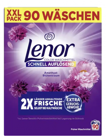 LENOR Colorwaschmittel Pulver Amethyst Blutentraum 90 WL XXL-Pack, Стиральный порошок для цветного белья, с ароматом Цветочный сад,  90 загрузок, 4500 г