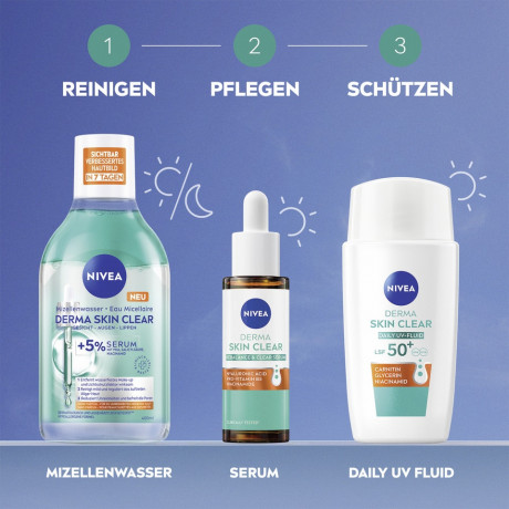 NIVEA Derma Skin Clear Daily UV-Fluid LSF 50+, 40 ml, Нивеа Дневной UV-флюид для лица, SPF 50+, салициловая кислота и ниацинамид, для проблемной кожи, 40 мл