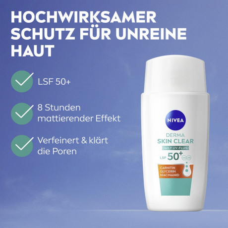 NIVEA Derma Skin Clear Daily UV-Fluid LSF 50+, 40 ml, Нивеа Дневной UV-флюид для лица, SPF 50+, салициловая кислота и ниацинамид, для проблемной кожи, 40 мл